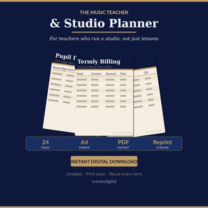 Music Teacher Studio Planner | Pupil Records, Lesson Tracker, Fee Log (A4 PDF)