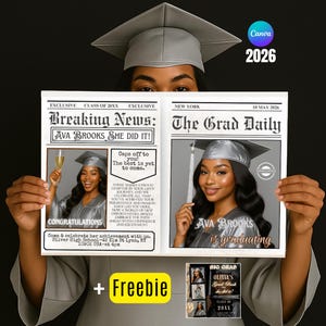 Canva Graduation Newspaper Party Invite 2026, Editable Program Template with photo, Custom Grad Announcement, Senior Keepsake Gift