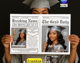 Canva Graduation Newspaper Party Invite 2026, Editable Program Template with photo, Custom Grad Announcement, Senior Keepsake Gift