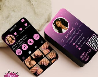 Tarjeta de presentación de uñas / Tarjeta con código QR de Instagram para profesionales de uñas / Plantilla editable de Canva para salones y artistas de uñas