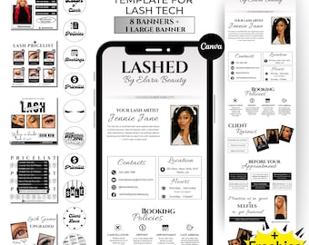 May include: A black and white digital template for lash technicians, featuring a phone mockup with the text "Lashed by Elara Beauty." Includes booking information, pricelists, and promotional graphics. The template is designed for use with Acuity.