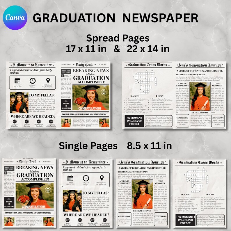 Graduation newspaper template available in multiple sizes, single and spread page formats