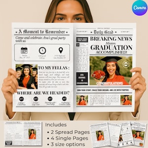May include: A graduation announcement with a newspaper theme. The headline reads "Breaking News: Graduation Accomplished!" and includes photos, event details, and the text "Ava Brooks is Graduating."