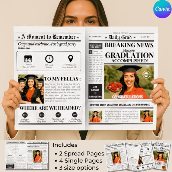 Canva Graduation Newspaper Template, Grad Party Invite, Graduation Program Template with Photo, Senior Announcement, Editable Keepsake Gift