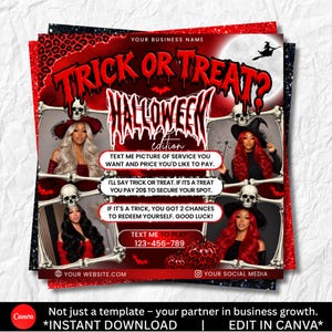 以下が含まれることがあります： 「TRICK OR TREAT? HALLOWEEN edition」というテキストが書かれたハロウィーンをテーマにしたチラシ。魔女の帽子をかぶった様々な髪色の人物の写真4枚が骸骨の枠で囲まれており、ヒョウ柄の赤いカボチャのグラフィックが配置されています。