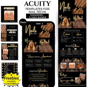 May include: Acuity templates for nail technicians, with 8 banners and 1 large banner. The design includes a phone mockup with nail art examples, contact information, booking policies, and client reviews. The color scheme is black and gold.