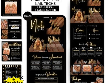 May include: Acuity templates for nail technicians, featuring 8 banners and 1 large banner. The design includes a phone mockup with nail art examples, contact information, booking policies, and client reviews. The color scheme is black and gold.