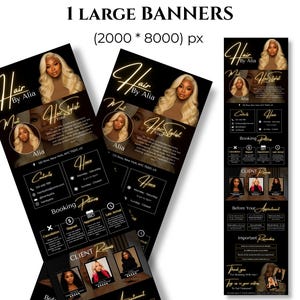 Hair stylist Acuity long banner template in black and gold, Canva editable, 2000x8000 px design for booking websites.