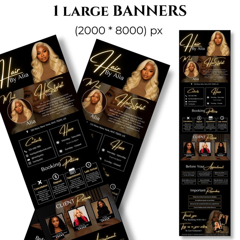 Hair stylist Acuity long banner template in black and gold, Canva editable, 2000x8000 px design for booking websites.