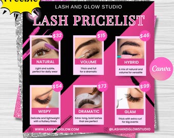 Lash Price List Template, Salon Pricing List Flyer for Lashes, Lash Tech Highlight & Aftercare Card, DIY Editable Pricelist Canva Template