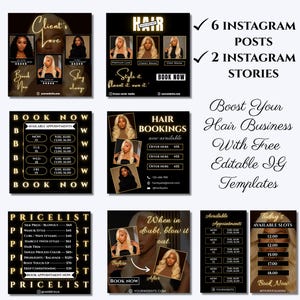 Free matching Instagram stories and posts for hair stylists, black and gold Canva designs included with Acuity website template.