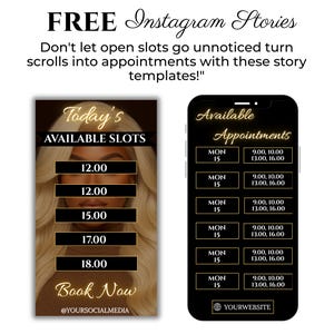 Matching black and gold hair stylist Instagram story templates, free Canva designs for branding and promotions.