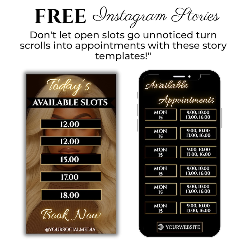 Matching black and gold hair stylist Instagram story templates, free Canva designs for branding and promotions.
