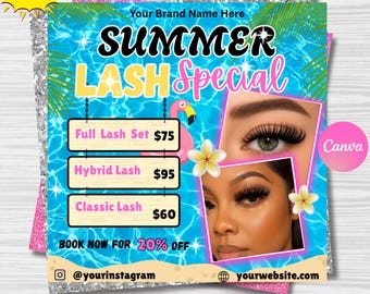 Summer Lash-boekingsflyer, Lash Extension-flyer, speciale aanbiedingen Lash, juni, juli, canva-sjabloon (digitale download)