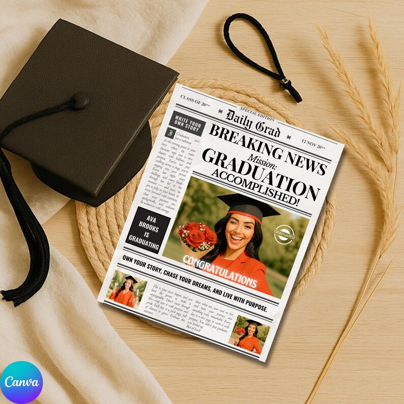 Printable graduation program and announcement in newspaper style for grad party invite