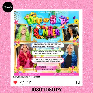 Bright summer sale flyer template for beauty businesses showing summer specials, appointment booking information, and fun seasonal graphics perfect for hair, nails, lashes, wigs, and salon marketing.