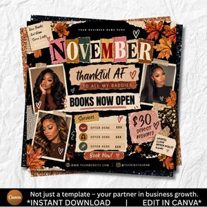 Puede incluir: Una plantilla de folleto digital con el texto NOVEMBER, thankful AF y BOOKS NOW OPEN. El diseño incluye hojas de otoño, tres marcos de fotos con imágenes de personas, espacios para servicios y una nota $30 DEPOSIT REQUIRED.