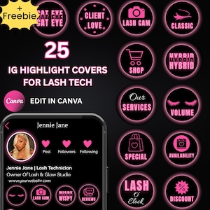 May include: A digital graphic featuring 25 Instagram highlight covers for lash technicians. The covers are in a neon pink and black color scheme, with icons and text such as "Lash Cam," "Shop," and "Volume." The image also includes a phone mockup.