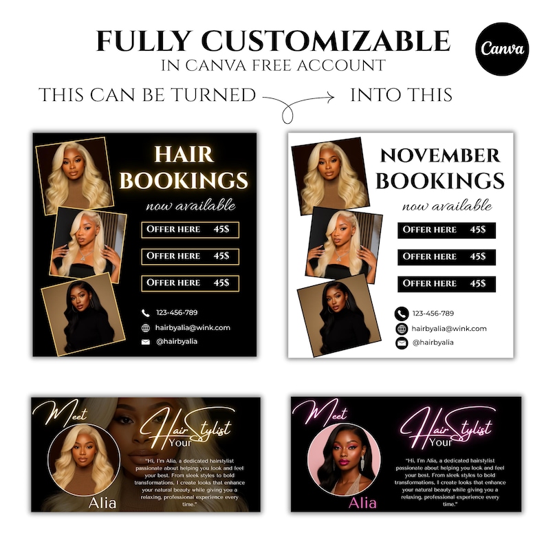 100% editable Canva templates for hair stylists, fully customizable Acuity website banners and Instagram posts.