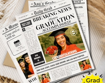 Canva Graduation Newspaper Template, Free Graduation Flyer, Grad Party Invite, Graduation Program Template with Photo, Senior Announcement