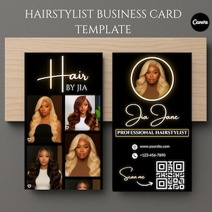 May include: A black business card template for a hairstylist. The card features the text "Hair by Jia" in a neon-style font, along with images of different hairstyles. The card also includes contact information and a QR code.