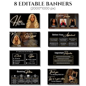 Editable Canva Acuity website banners for hair stylists, 8 professional black and gold designs sized 2000x1000 px.