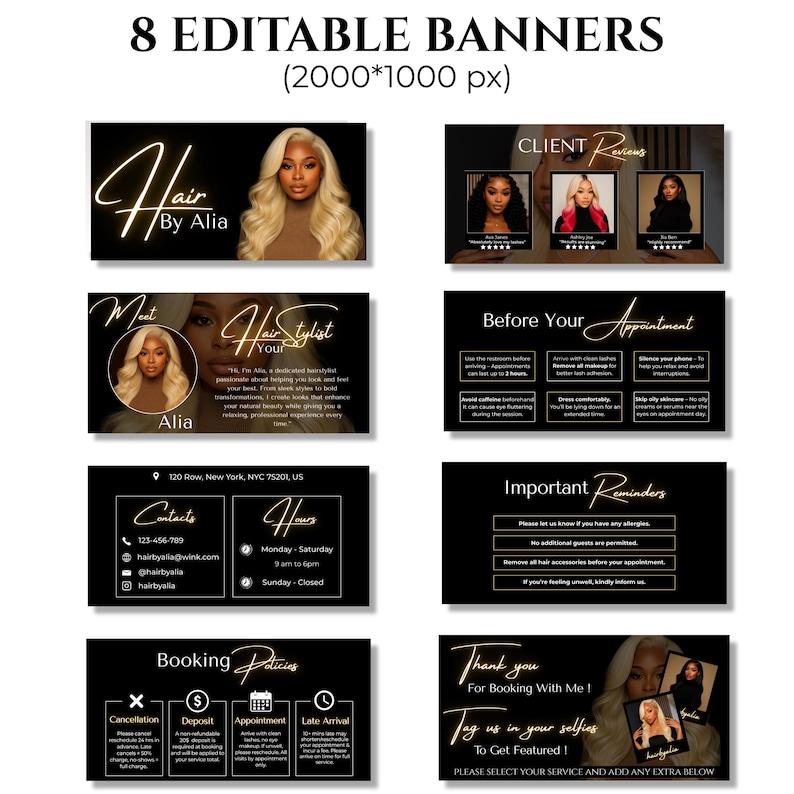 Editable Canva Acuity website banners for hair stylists, 8 professional black and gold designs sized 2000x1000 px.