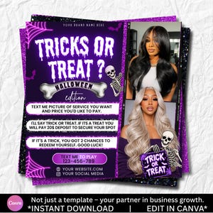 May include: A purple and black Halloween-themed flyer template featuring the text TRICKS OR TREAT? HALLOWEEN edition, a skeleton graphic, and two photos of individuals with long hair. Includes placeholders for contact info and website links.