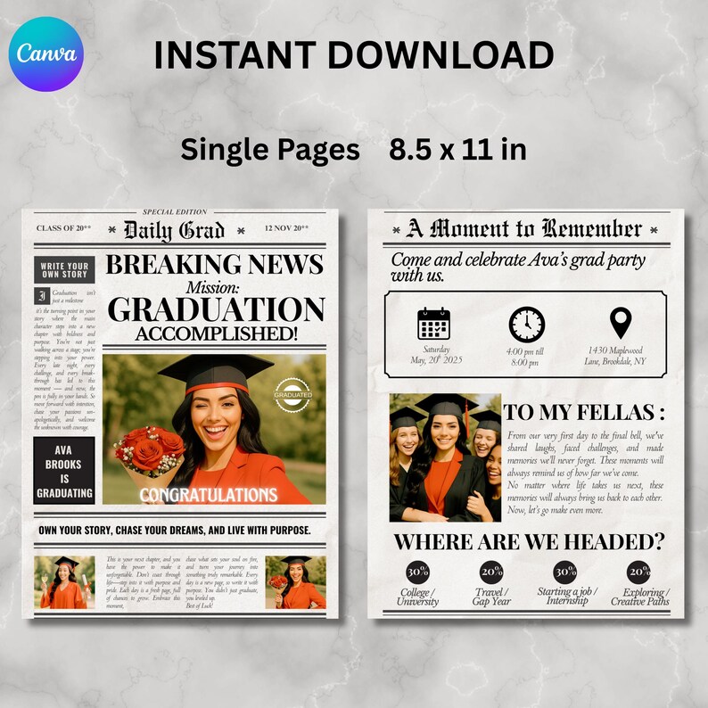 Single page graduation newspaper template 8.5x11 inch editable in Canva with custom photo