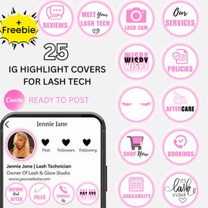 May include: Pink Instagram highlight covers for lash technicians. The image includes 25 ready-to-post covers with icons and text such as "Reviews", "Shop Now", and "Bookings". A phone displays a lash tech's profile.
