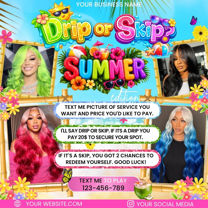 Fun hot girl summer promotional flyer template with vibrant seasonal graphics, service promotion sections, and customizable text perfect for summer appointments and beauty business advertising.