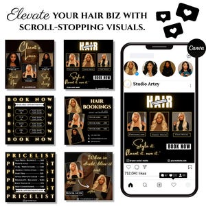Set of 6 free Instagram post templates for hair stylists, black and gold Canva designs for salon branding.