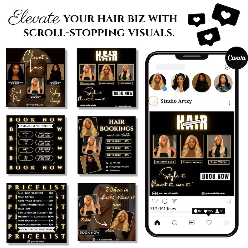 Set of 6 free Instagram post templates for hair stylists, black and gold Canva designs for salon branding.
