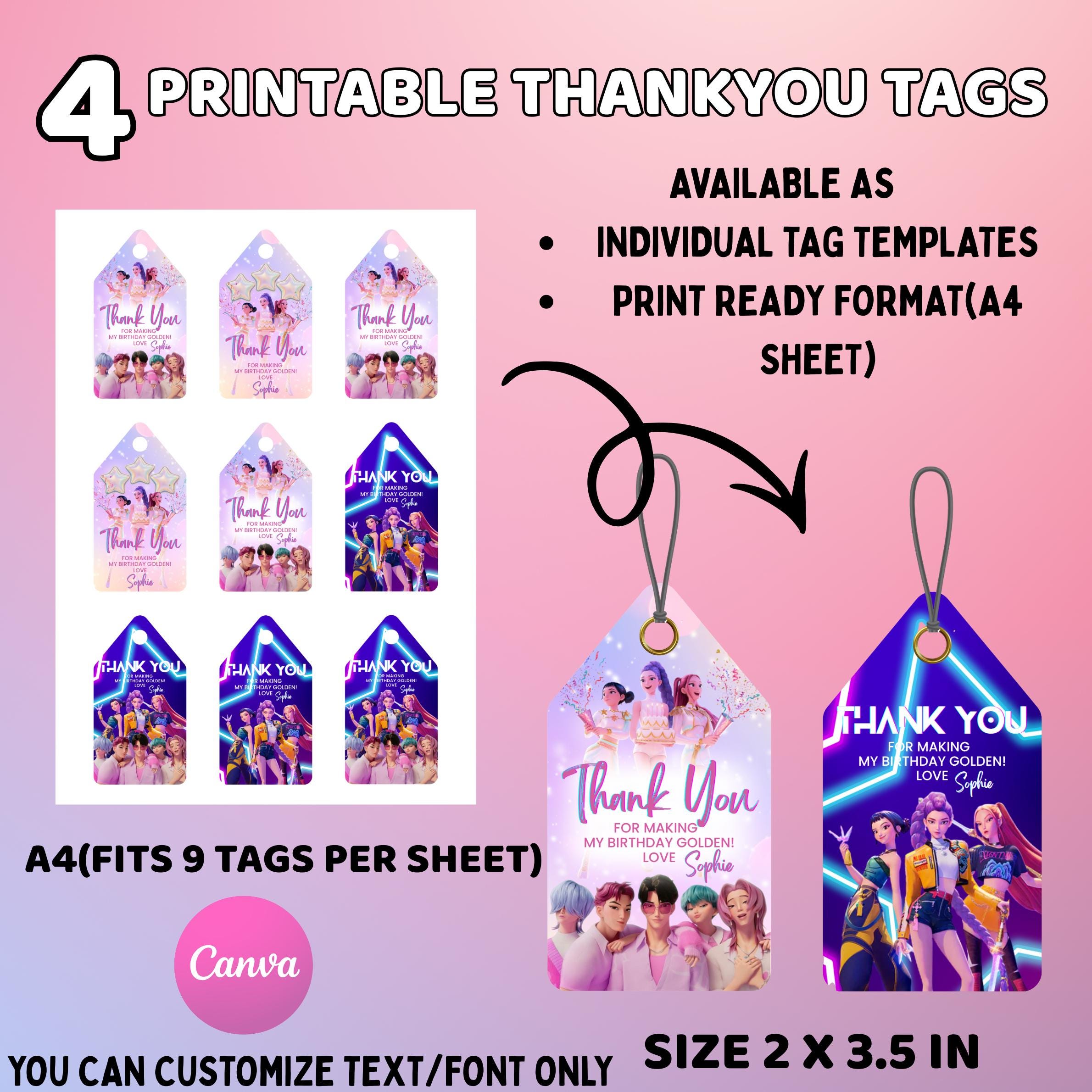KPOP Demon Hunters Thank You Tags, Birthday Party Favor Tags, Huntrix ...