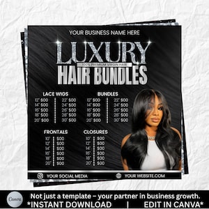 May include: A promotional graphic for hair bundles, lace wigs, frontals, and closures. The text reads "Luxury Hair Bundles" and includes a price list. A woman with long, black hair is featured on the right side of the image.
