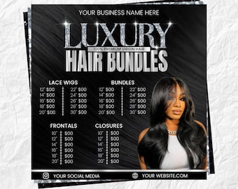 Plantilla de lista de precios de paquetes de cabello, folleto de venta de cabello, lista de precios de pelucas, precios de peluqueros, Canva editable