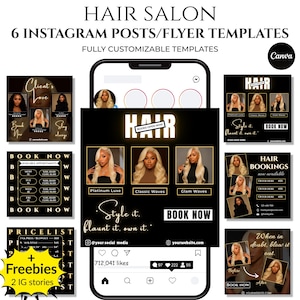Könnte beinhalten: Digitales Marketing-Template für einen Friseursalon mit sechs Instagram-Posts und Flyer-Vorlagen. Das Design umfasst Bilder von Frisuren, Buchungsinformationen und den Text "HAIR SALON" und "BOOK NOW". Das Farbschema ist Schwarz und Gold.