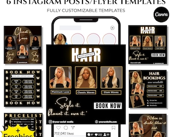 Hairstylist Flyer | Hair Stylist Instagram Post Templates Black and Gold | Salon Branding Canva templates | Booking Flyers