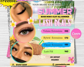 Summer Lash Sale-flyer, zomerboekingsflyer, juni juli Books Open, Lash-prijslijst, canva-sjabloon (digitale download)