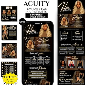 Peut inclure: Un modèle noir et doré pour coiffeurs, avec le texte "Hair by Alia" et "Hair Stylist". La conception comprend une maquette de téléphone, des bannières et le texte "Acuity Template for Hair Stylists".