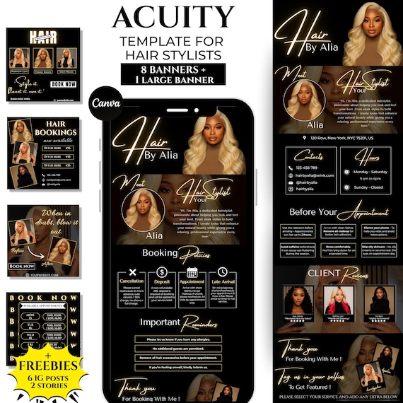 Acuity Scheduling Template Hair Stylist | Hair Acuity Booking Website | Editable Canva Templates | Black and Gold Instagram Posts