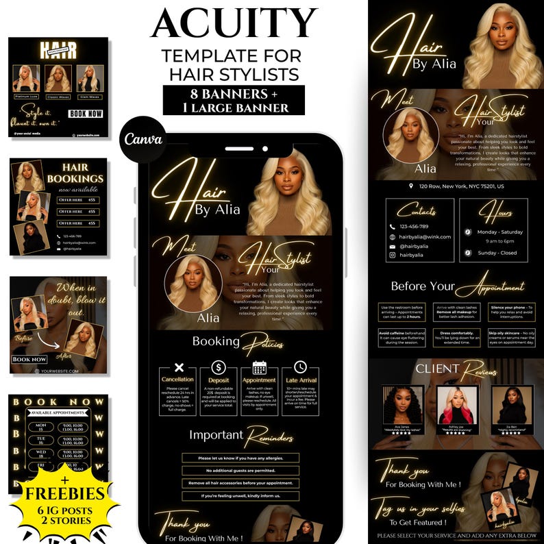 Luxury black and gold Acuity Scheduling template for hair stylists with editable Canva website banners and Instagram posts.