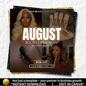 Pode incluir: Um modelo de folheto digital com imagens de uma pessoa com cabelo loiro, uma pessoa com cabelo castanho e unhas longas douradas. O texto inclui AUGUST, BOOKS OPEN NOW!, 20$ DEPOSIT REQUIRED!, BOOK NOW! e YOUR WEBSITE.COM em fundo escuro.