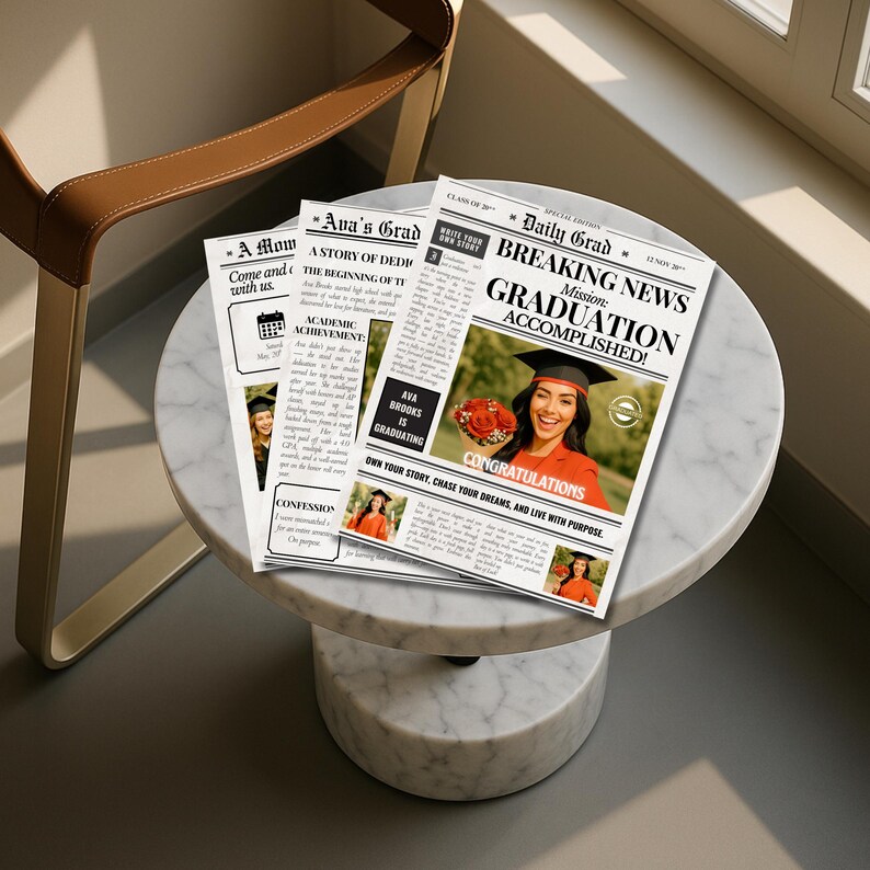 Graduation magazine style invitation and program editable in Canva for high school or college