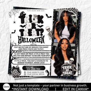 Op de afbeelding: Een Halloween-flyersjabloon met de tekst Trick or Treat? Halloween edition, een skeletafbeelding en twee foto's van een persoon met lang zwart golvend haar. Bevat tijdelijke aanduidingen voor contactgegevens, website en sociale media.