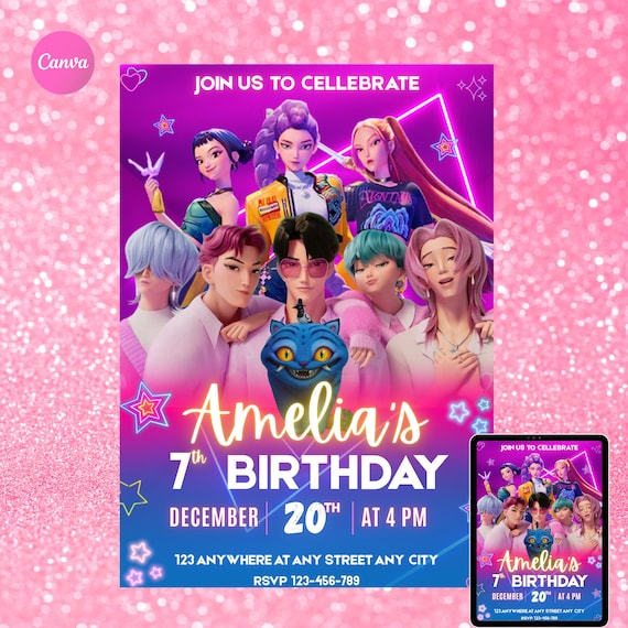 KPOP Birthday Invitation, KPOP Demon Hunters Invitation, Huntrix Anime Invite, Saja Boys Party, Canva Template