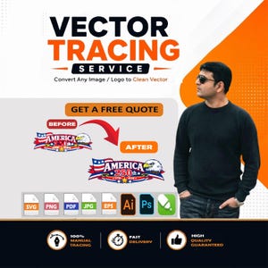 May include: An advertisement for a vector tracing service. The image features the text "VECTOR TRACING SERVICE" in orange and white. It shows a before and after example of a logo, along with file format icons and a man in a black sweater.