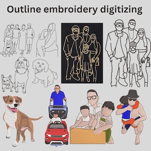 Może przedstawiać: Obraz przedstawiający przykłady digitalizacji haftu. Projekty obejmują portrety rodzinne, kontury psów i szczegółowy obraz psa. Tekst "Outline embroidery digitizing" znajduje się na górze.