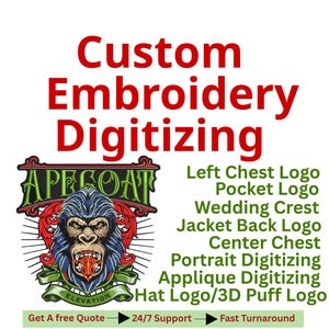 Puede incluir: Imagen que promociona servicios de digitalización de bordados personalizados. El texto dice "Custom Embroidery Digitizing" en rojo. Se muestra un gráfico detallado de un simio. Los servicios incluyen logotipos de bolsillo, de pecho izquierdo y de sombrero.