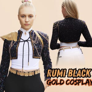 Inspired Demon Hunter Rumi Black Gold Costume - Kpop Demon Hunters Cosplay,Rumi Cosplay Kids,Rumi Jacket,Rumi Mira Zoey Huntrix Cosplay kids